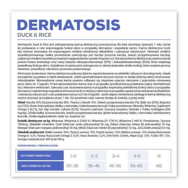 VET EXPERT DERMATOSIS CAT DUCK & RICE – suché veterinárne krmivo pre