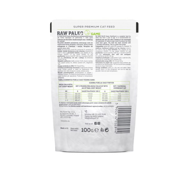 RAW PALEO STERILIZED CAT 100g - mokré krmivo pre sterilizované mačky -