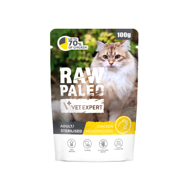 RAW PALEO DOSPELÉ/STERILIZOVANÉ MAČKY S KURACÍM MÄSOM 100 G