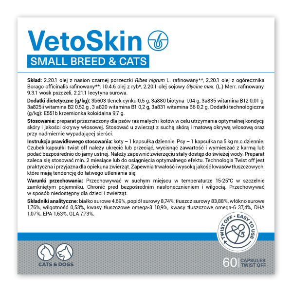 VET EXPERT VETOSKIN SMALL BREED AND CATS - popora kože a srsti
