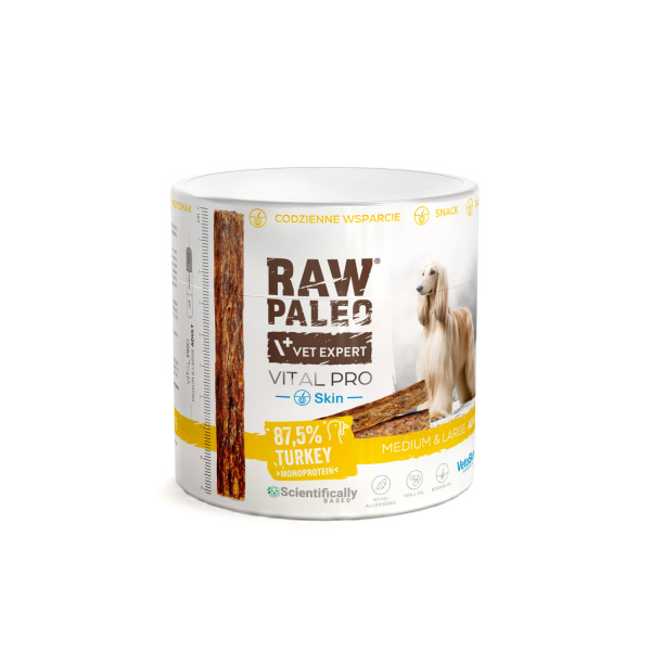 RAW PALEO Vital Pro Skin & Coat Turkey Medium Large 100g - hypoalergénna monoproteínová funkčná maškrta – tyčinka pre psa