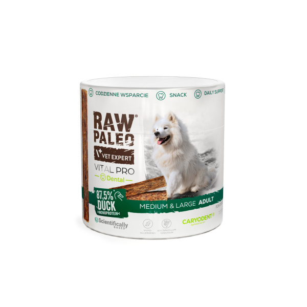 RAW PALEO Vital Pro Dental Duck Medium Large 100g - hypoalergénna monoproteínová funkčná maškrta – tyčinka pre psa