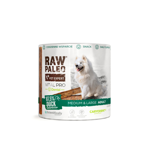 RAW PALEO Vital Pro Dental Duck Medium Large 100g - hypoalergénna monoproteínová funkčná maškrta – tyčinka pre psa