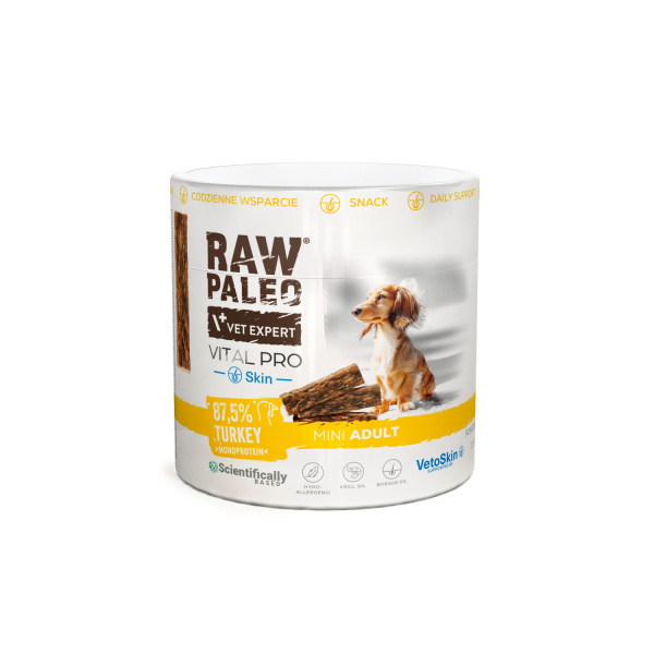 RAW PALEO Vital Pro Skin &Coat Turkey Mini 100g - hypoalergénna monoproteínová funkčná maškrta – tyčinka pre psa