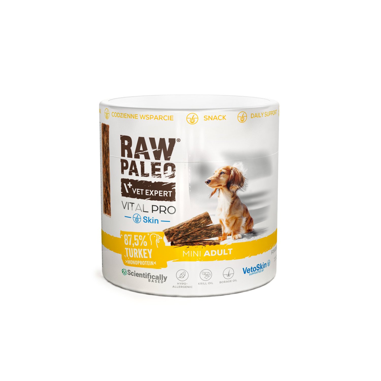 RAW PALEO Vital Pro Skin &Coat Turkey Mini 100g - hypoalergénna monoproteínová funkčná maškrta – tyčinka pre psa