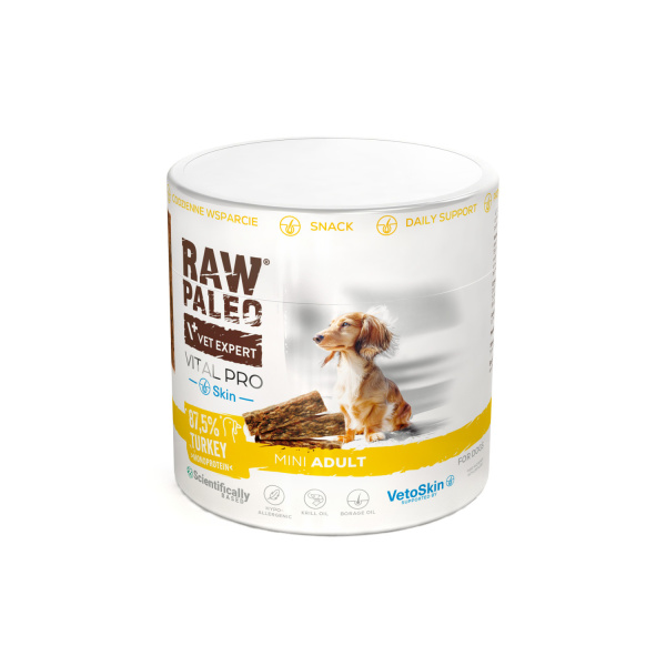RAW PALEO Vital Pro Skin &Coat Turkey Mini 100g - hypoalergénna monoproteínová funkčná maškrta – tyčinka pre psa