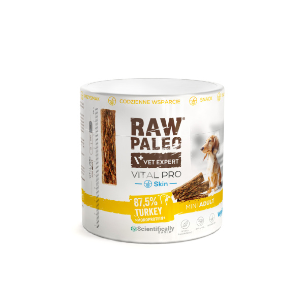 RAW PALEO Vital Pro Skin &Coat Turkey Mini 100g - hypoalergénna monoproteínová funkčná maškrta – tyčinka pre psa
