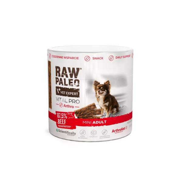 RAW PALEO Vital Pro Arthro Beef Mini 100g - hypoalergénna monoproteínová funkčná maškrta – tyčinka pre psa
