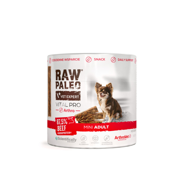 RAW PALEO Vital Pro Arthro Beef Mini 100g - hypoalergénna monoproteínová funkčná maškrta – tyčinka pre psa