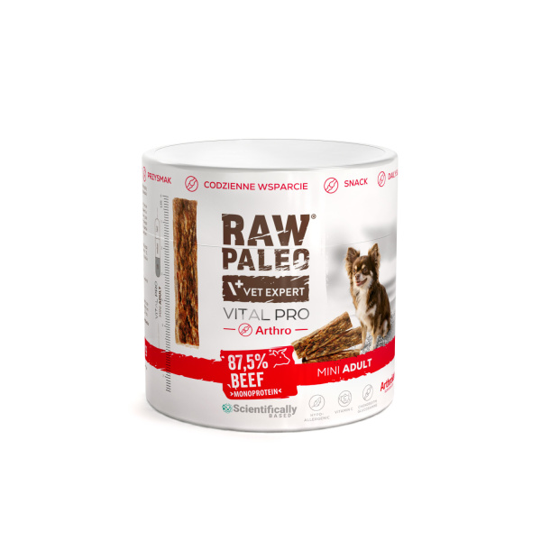 RAW PALEO Vital Pro Arthro Beef Mini 100g - hypoalergénna monoproteínová funkčná maškrta – tyčinka pre psa