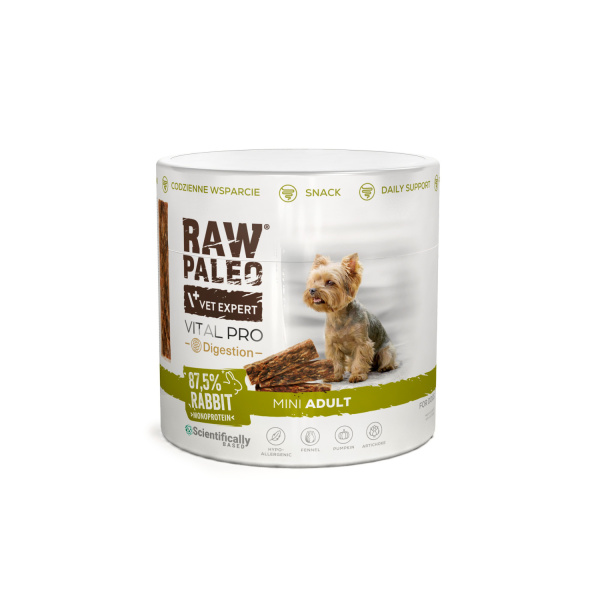 RAW PALEO Vital Pro Digestion Rabbit Mini 100g - hypoalergénna monoproteínová funkčná maškrta – tyčinka pre psa