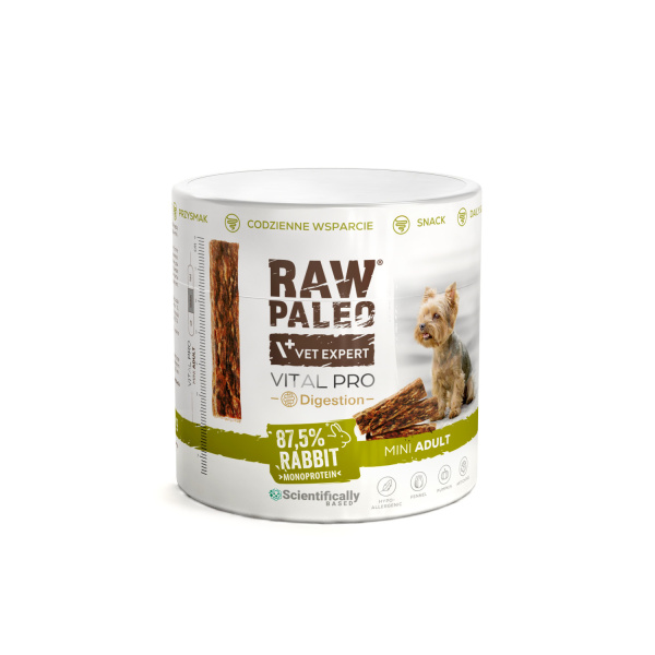 RAW PALEO Vital Pro Digestion Rabbit Mini 100g - hypoalergénna monoproteínová funkčná maškrta – tyčinka pre psa