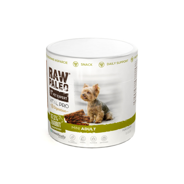 RAW PALEO Vital Pro Digestion Rabbit Mini 100g - hypoalergénna monoproteínová funkčná maškrta – tyčinka pre psa