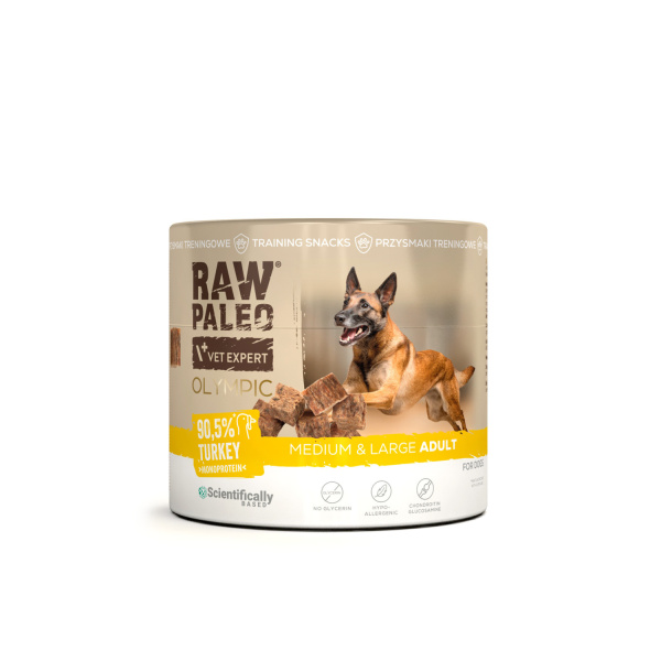 RAW PALEO Olympic Turkey Medium Large 90g - hypoalergénna monoproteínová tréningová maškrta pre psa