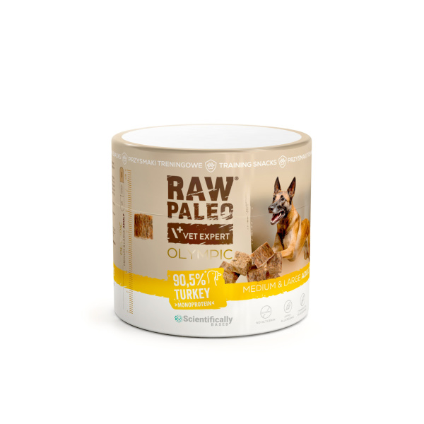 RAW PALEO Olympic Turkey Medium Large 90g - hypoalergénna monoproteínová tréningová maškrta pre psa