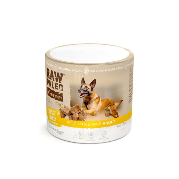 RAW PALEO Olympic Turkey Medium Large 90g - hypoalergénna monoproteínová tréningová maškrta pre psa