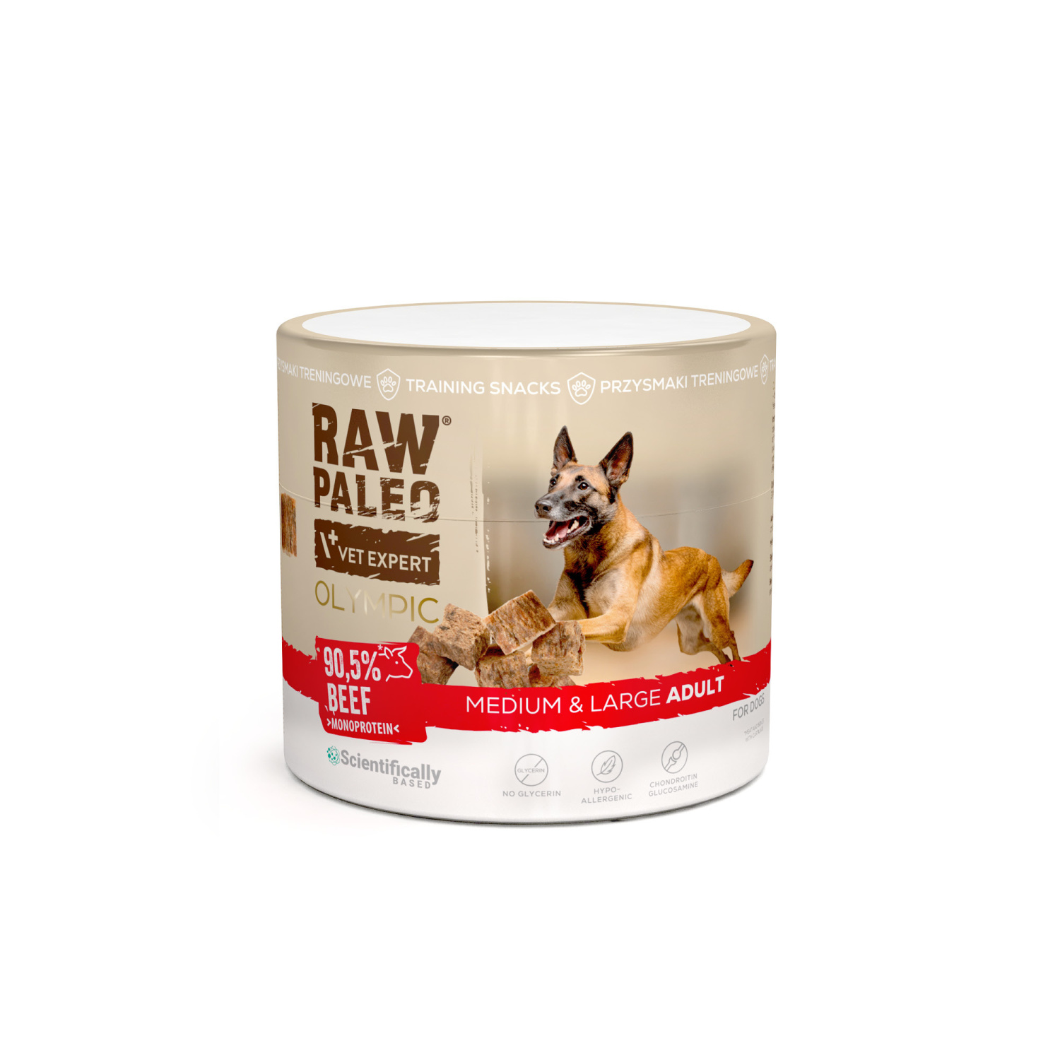 RAW PALEO Olympic Beef Medium Large 90g - hypoalergénna monoproteínová tréningová maškrta pre psa