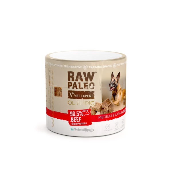 RAW PALEO Olympic Beef Medium Large 90g - hypoalergénna monoproteínová tréningová maškrta pre psa
