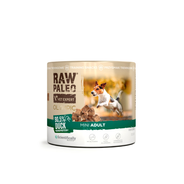 RAW PALEO Olympic Duck Mini 90g - hypoalergénna monoproteínová tréningová maškrta pre psa