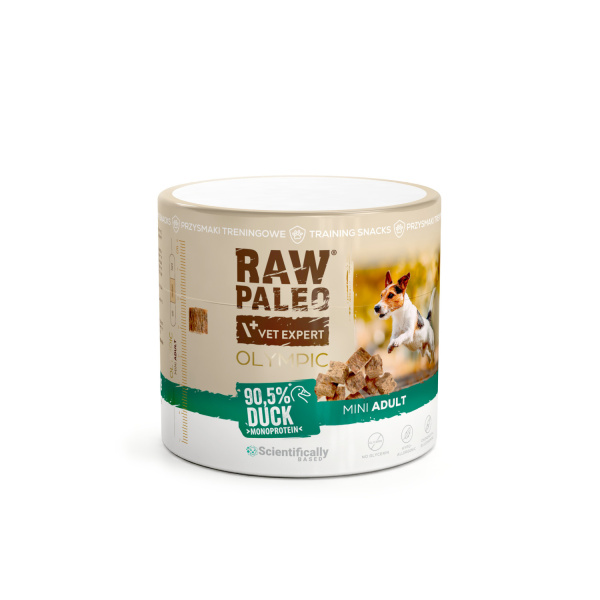 RAW PALEO Olympic Duck Mini 90g - hypoalergénna monoproteínová tréningová maškrta pre psa
