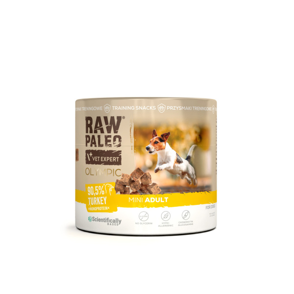 RAW PALEO Olympic Turkey Mini 90g - hypoalergénna monoproteínová tréningová maškrta pre psa