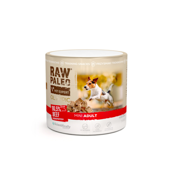 RAW PALEO Olympic Beef Mini 90g - hypoalergénna monoproteínová tréningová maškrta pre psa