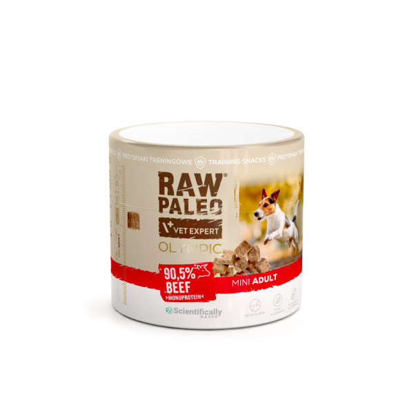 RAW PALEO Olympic Beef Mini 90g - hypoalergénna monoproteínová tréningová maškrta pre psa