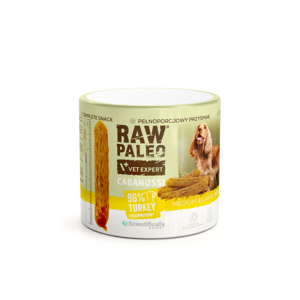 RAW PALEO Cabanossi Turkey Medium Large 100g - kompletná prírodná maškrta vo forme klobásky pre psa