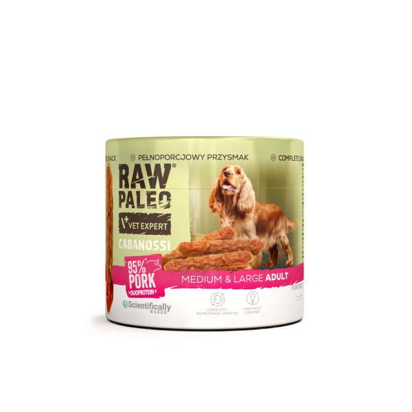 RAW PALEO Cabanossi Pork Medium Large 100g - kompletná prírodná maškrta vo forme klobásky pre psa