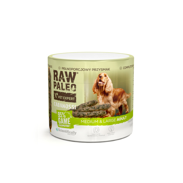 RAW PALEO Cabanossi Game Medium Large 100g - kompletná prírodná maškrta vo forme klobásky pre psa