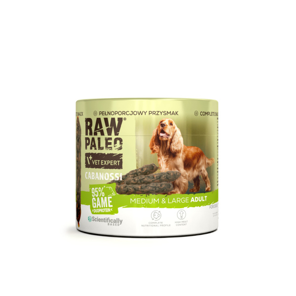 RAW PALEO Cabanossi Game Medium Large 100g - kompletná prírodná maškrta vo forme klobásky pre psa