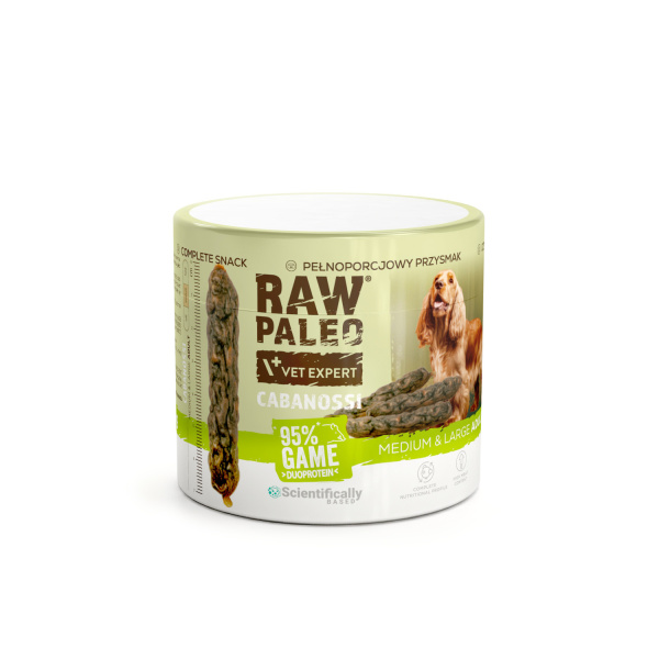 RAW PALEO Cabanossi Game Medium Large 100g - kompletná prírodná maškrta vo forme klobásky pre psa