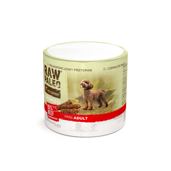 RAW PALEO Cabanossi Beef Mini 100g - kompletná prírodná maškrta vo forme klobásky pre psa