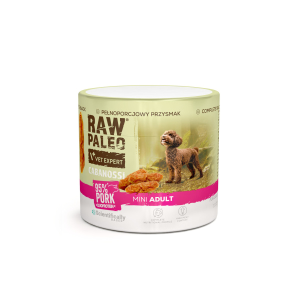 RAW PALEO Cabanossi Pork Mini 100g - kompletná prírodná maškrta vo forme klobásky pre psa