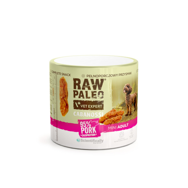 RAW PALEO Cabanossi Pork Mini 100g - kompletná prírodná maškrta vo forme klobásky pre psa