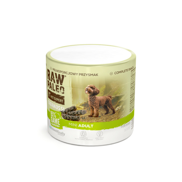 RAW PALEO Cabanossi Game Mini 100g - kompletná prírodná maškrta vo forme klobásky pre psa